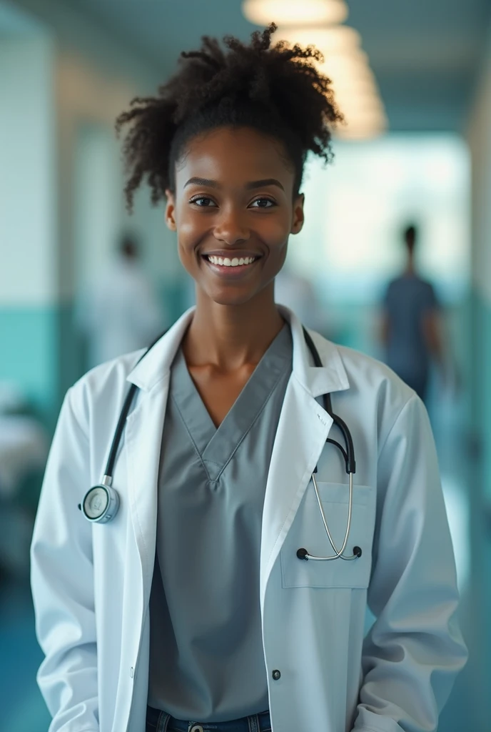 20 year old black woman. Round face and upturned nose. eyes black. Formal gray clothing and doctor's coat.