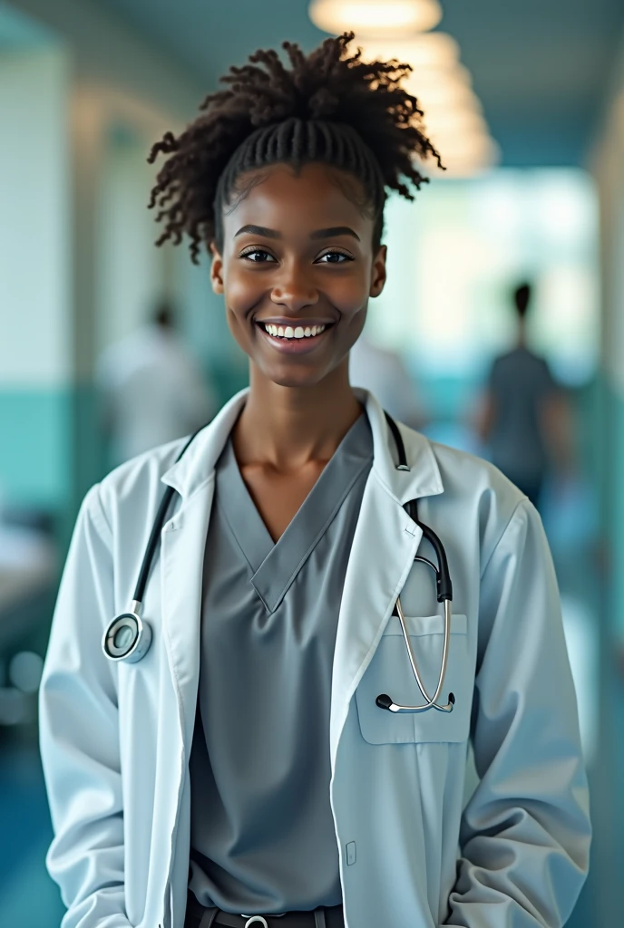 20 year old black woman. Round face and upturned nose. eyes black. Formal gray clothing and doctor's coat.