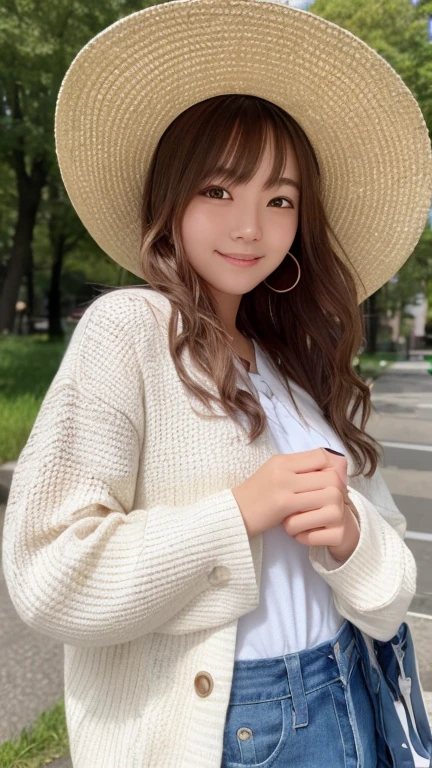 Highest quality、masterpiece、Ultra-high resolution、(Realistic:1.4)、Glowing Skin、Glowing Skin、RAW Photos、1people、１people々、一peopleで、18-year-old、Whole Body Ezbian、double eyelid、Loose and fluffy perm、Medium Long Hair、White skin、smile、優しいsmile、Straw hat、Spring Clothes、city、outdoor activities、outside of home