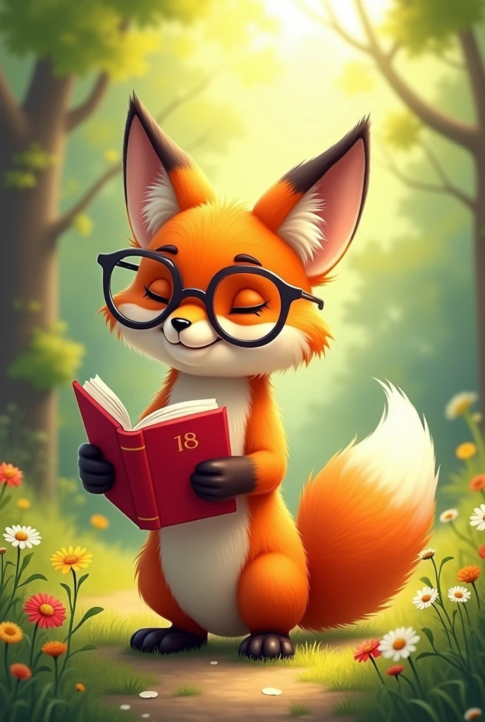 Drawing of an orange fox with a cream chest and brown paws, who wears black glasses while holding a red book