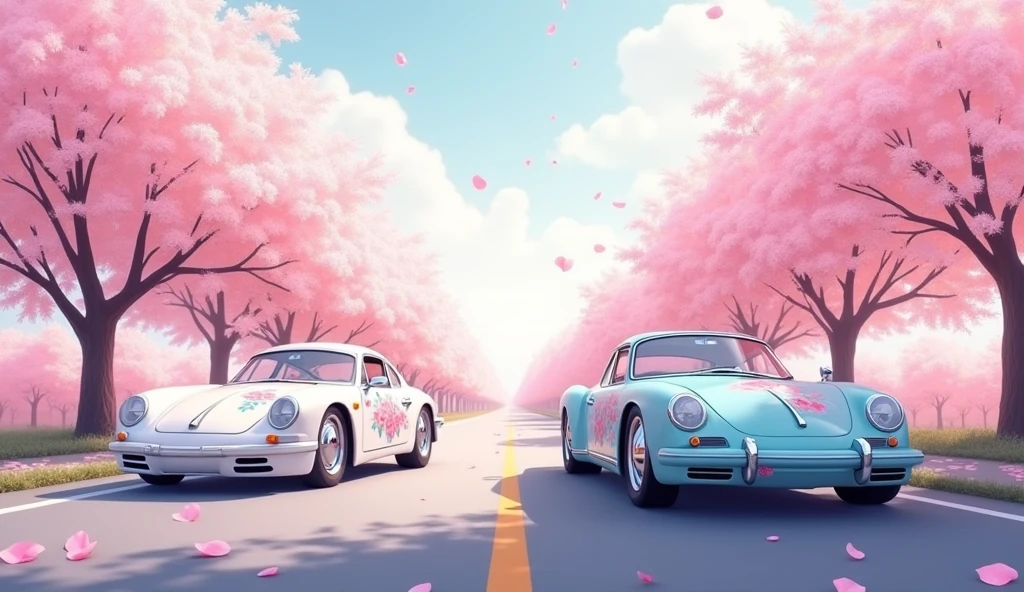 A serene and picturesque illustration of two cars driving down a peaceful road lined with beautiful cherry blossoms. The white and blue cars are adorned with floral patterns that complement the pink and white blossoms. The background is a soft, light pink hue, creating a harmonious and dreamy atmosphere. A gentle breeze rustles the delicate petals, adding a touch of whimsy to the scene.