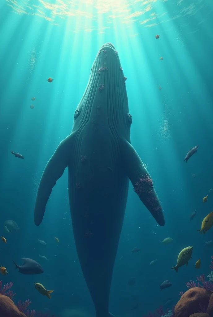 A sad, injured whale with coral embedded in its fin. Animated photo.