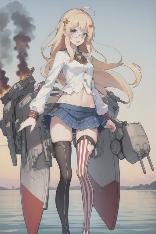 Hood \(warship girls r\),((masterpiece)),(((best quality))),((ultra-detailed)),((illustration)),((disheveled hair)),((frills)),(1 girl),(solo),1girl, ahoge, blonde hair, blue eyes, blue skirt, blush, boots, bow, broken, burnt clothes, buttons, cannon, damaged, emblem, fire, flag, glasses, hair ornament, jacket, long hair, long sleeves, looking at viewer, machinery, miniskirt, navel, open mouth, panties, pleated skirt, red-framed eyewear, ribbon, rigging, semi-rimless eyewear, shirt, skirt, smoke, solo, standing, striped, striped legwear, sword, thighhighs, torn clothes, torn legwear, torn pants, torn shirt, torn skirt, torn sleeves, turret, under-rim eyewear, underwear, union jack, vertical-striped legwear, vertical stripes, very long hair, white footwear, white shirt,
Moderate legs,