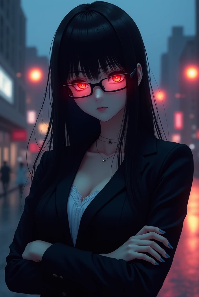 Better quality, mean, beautiful woman face, sadistic smile, square glasses, dominant, red eyes, anime style, long black straight hairs with bangs, pale fair skin, crossing arms