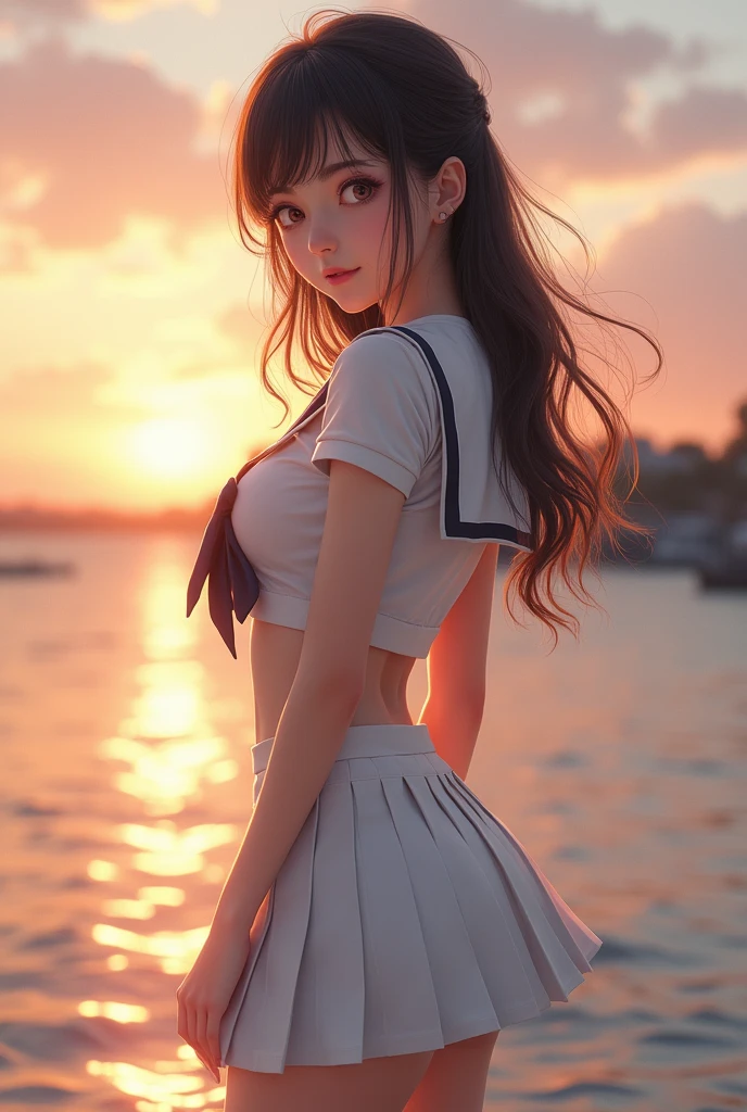 (best quality:1.4), (ultra high quality), (very detailedな), 1 beautiful girl, So cute, nice face and eyes, (White thin fabric short-sleeved sailor uniform, Silver glitter pleated micro mini skirt:1.5), (Beautiful and huge breasts:1.3), (slim body:1.1), (thin legs), (Very thin waist), navel, realistic skin texture, forehead:1.3, Bright and glossy lips, The beautiful goddess descends, beautiful background, golden ratio, conceptual art, very detailed, accurate, Advanced details, outdoors, Sexy art, surrounded by beautiful sunsets, bright lights, Very delicate illustration details, 8K wallpaper with high-definition CG, RAW photos, professional photos, movie lights, written border depth, (The uniform doesn't have a bra.:1.2), (You can see the shape of your nipple protrusion through the uniform...:1.2), (Nipple protrusions push up uniform.), (Her large breasts make her....:1.2), crop top, (high heels on bare feet)