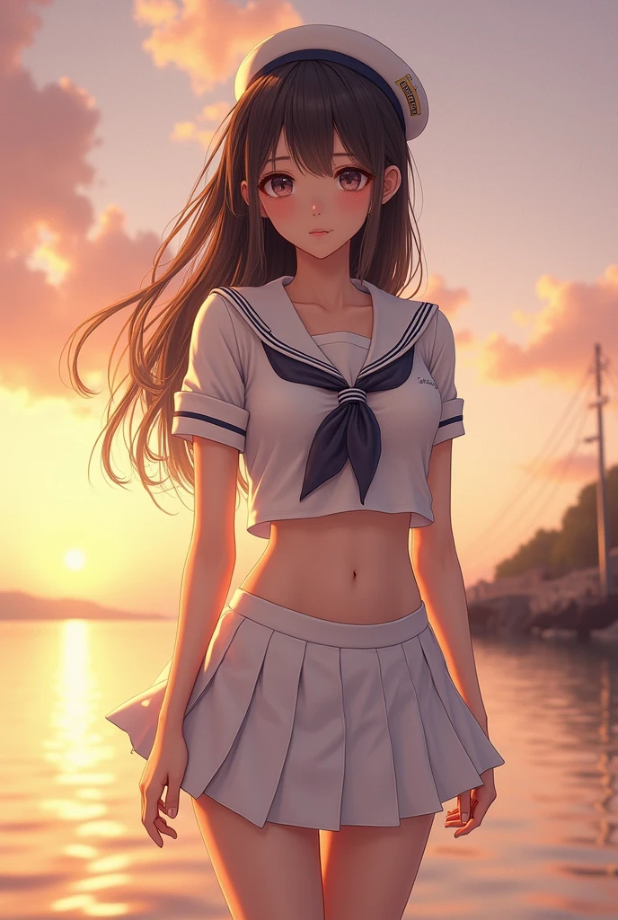 (best quality:1.4), (ultra high quality), (very detailedな), 1 beautiful girl, So cute, nice face and eyes, (White thin fabric short-sleeved sailor uniform, Silver glitter pleated micro mini skirt:1.5), (Beautiful and huge breasts:1.3), (slim body:1.1), (thin legs), (Very thin waist), navel, realistic skin texture, forehead:1.3, Bright and glossy lips, The beautiful goddess descends, beautiful background, golden ratio, conceptual art, very detailed, accurate, Advanced details, outdoors, Sexy art, surrounded by beautiful sunsets, bright lights, Very delicate illustration details, 8K wallpaper with high-definition CG, RAW photos, professional photos, movie lights, written border depth, (The uniform doesn't have a bra.:1.2), (You can see the shape of your nipple protrusion through the uniform...:1.2), (Nipple protrusions push up uniform.), (Her large breasts make her....:1.2), crop top, (high heels on bare feet)