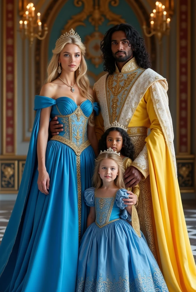 A blonde-haired queen with blue eyes and blue and light blue clothing And a black-haired king with dark brown eyes wearing yellow and white clothing And a blonde-haired prince with blue eyes wearing blue and light blue clothing And a black-haired princess with dark brown eyes wearing blue clothing