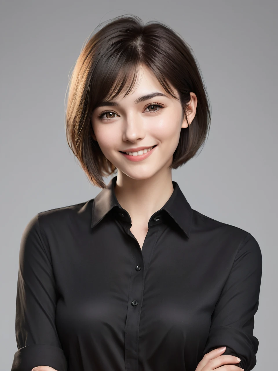 Create a female character, young adult, with soft and friendly strokes. She has fair skin and short hair, smooth ass, and dark. your eyes are brown, expressive and convey serenity and confidence. His smile is subtle, demonstrating a balanced and welcoming personality. She wears a stylish black shirt, which complements her professional and modern style. Her expression reflects wisdom and professionalism, but also accessibility and kindness