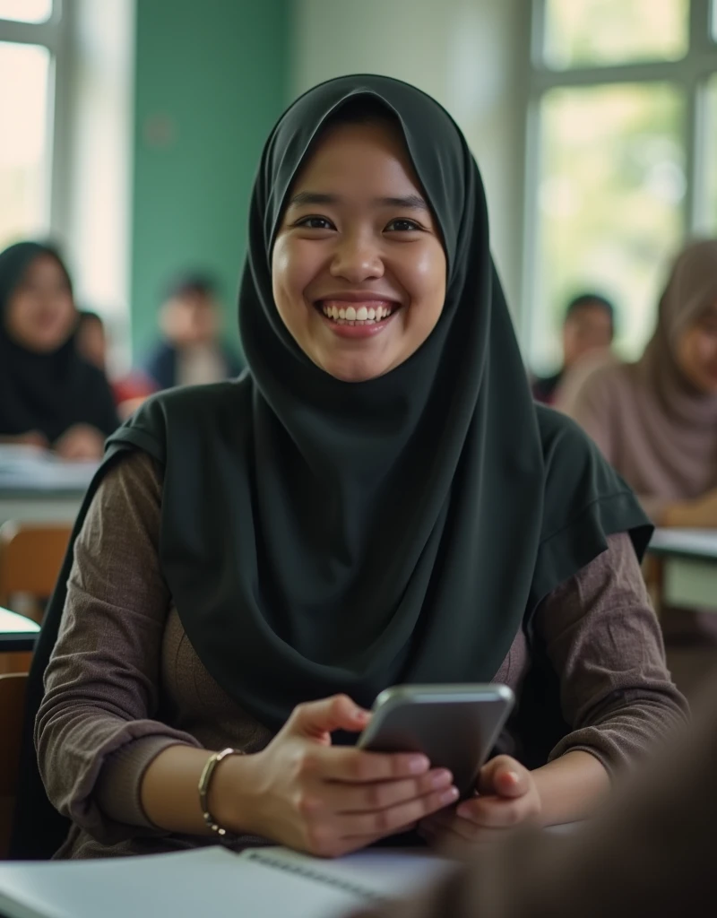 Plump vagina, sweating vagina, Beautiful girl wearing narrow dark hijab malay age girl 18 years old, kelantanese look, cute girl face, smiling, eyes looking at camera, grin, big laugh, nude, naked, naked body, sperm on vagina, no clothes, no clothing, big breasts about to burst out, closeup vagina, closeup view, plump body, showing vagina, vagina view, plump thigh, realistic skin, view from below, spreading legs on desk, in empty classroom, books on table, hand holding smartphone, side lighting, day time, sun light, high quality, ultra detail, 35mm lens, establishing shot, pastel color grading, depth of field cinematography effect, film noir genre, 8k resolution