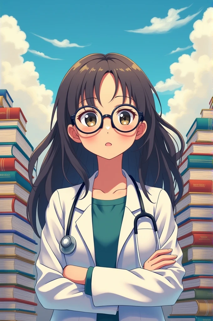 A girl dreaming to become a doctor with stethescope, books , spectacles and long hair anime