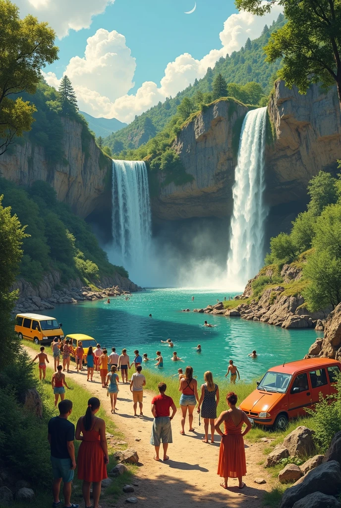 Church outing destination with falls, people catching fish, swiming,campfire,pond, people praying laughter joy, car,road trip.