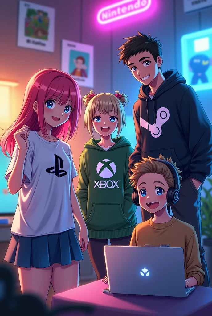 Une fille avec le logo Playstation, un garçon avec le logo Xbox, une fille avec le logo Nintendo, et un garçon avec le logo steam pourtant sur ses mains un ordinateur portable et un casque sur la tête anime