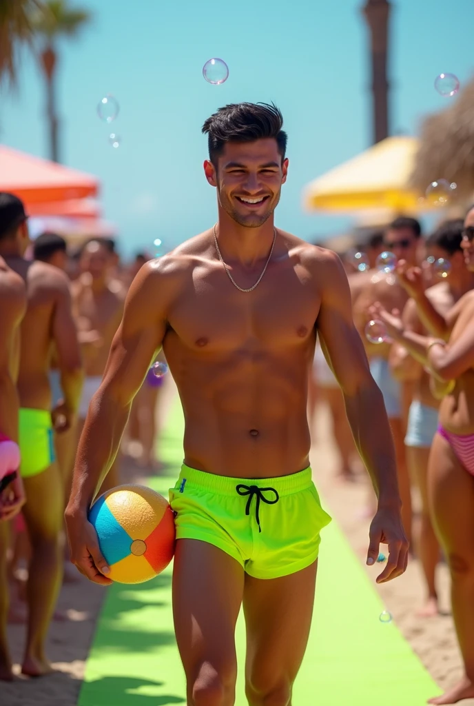 Handsome young man with a beautiful, slim, white face, smooth white skin, shirtless, wearing a fluorescent green swimsuit. He has short black hair and is on a runway during a men's beach party, holding a beach ball in his hand. The crowd is applauding and celebrating with bubbles. Tall, thin, white man, full of confidence.