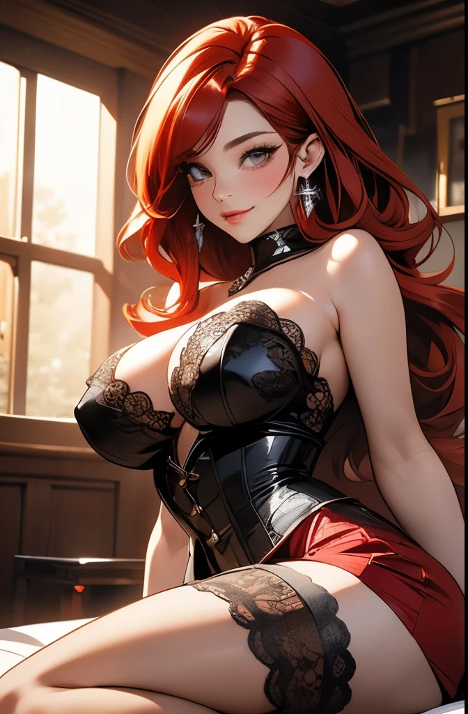 Anime, a glamour shot of a smiling Rias Gremory (Red hair), enormous breasts, big ass, Sitting demurely with her legs crossed on her bed, leaning toward the viewer, with Smokey eyes and knowing smile wearing a strapless sheer lace corset, white lace stockings, insanely detailed face and eyes, intricate, hyper-detailed bedroom, digital illustration, masterpiece, beautiful eyes, atmospheric lighting, centered, perfect anatomy, glowing eyes, candid portrait, clear, very detailed, smooth, sharp focus, focused on the viewer