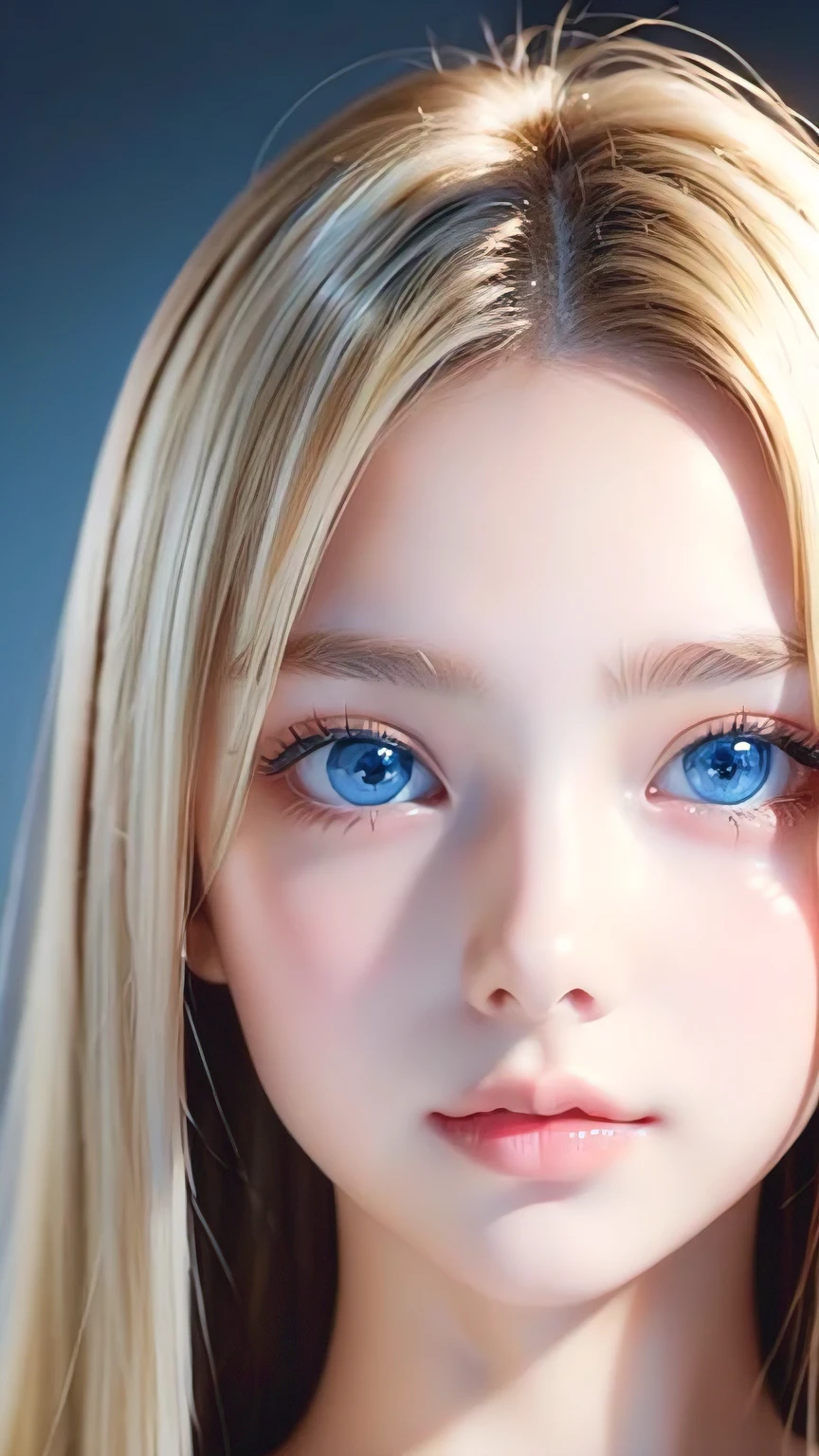 Portrait、、bright look、ponytail、bangs between eyes、bangs on the face、Young, shiny, white, glossy skin、gross face、cheek gloss highlight、best beauty、blonde reflection、Platinum blonde hair with dazzling highlights、shiny bright hair,、super long silky straight hair、Shining beautiful bangs、Attractive, beautifully shining, very bright, light blue eyes、very big eyes、Very beautiful nice cute 15 year old beautiful girl、rich bust、small face beauty、