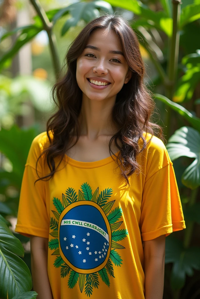 An American woman in a lush tropical garden, wearing a Brazil shirt, with a close-up capturing the harmonious beauty between her breasts and the natural flowers, showing off your natural charm and outgoing personality.