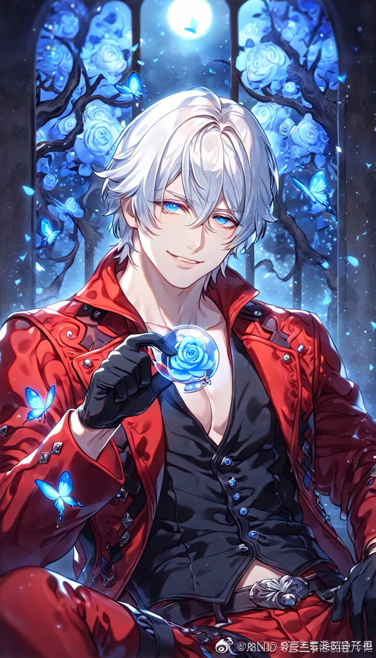 absurdres, highres, ultra detailed, HDR, master piece, best quality, Dante, white hair, expressive blue eyes, Devil May Cry, solo, sexy man, handsome, sensual, smile, manly man sitting, red coat, black vest, unbuttoned, black gloves, red pants, magical, fantasy, under a blue tree, blue flames, blue moon, blue fireflies, blue roses, blue butterflies, glass magic