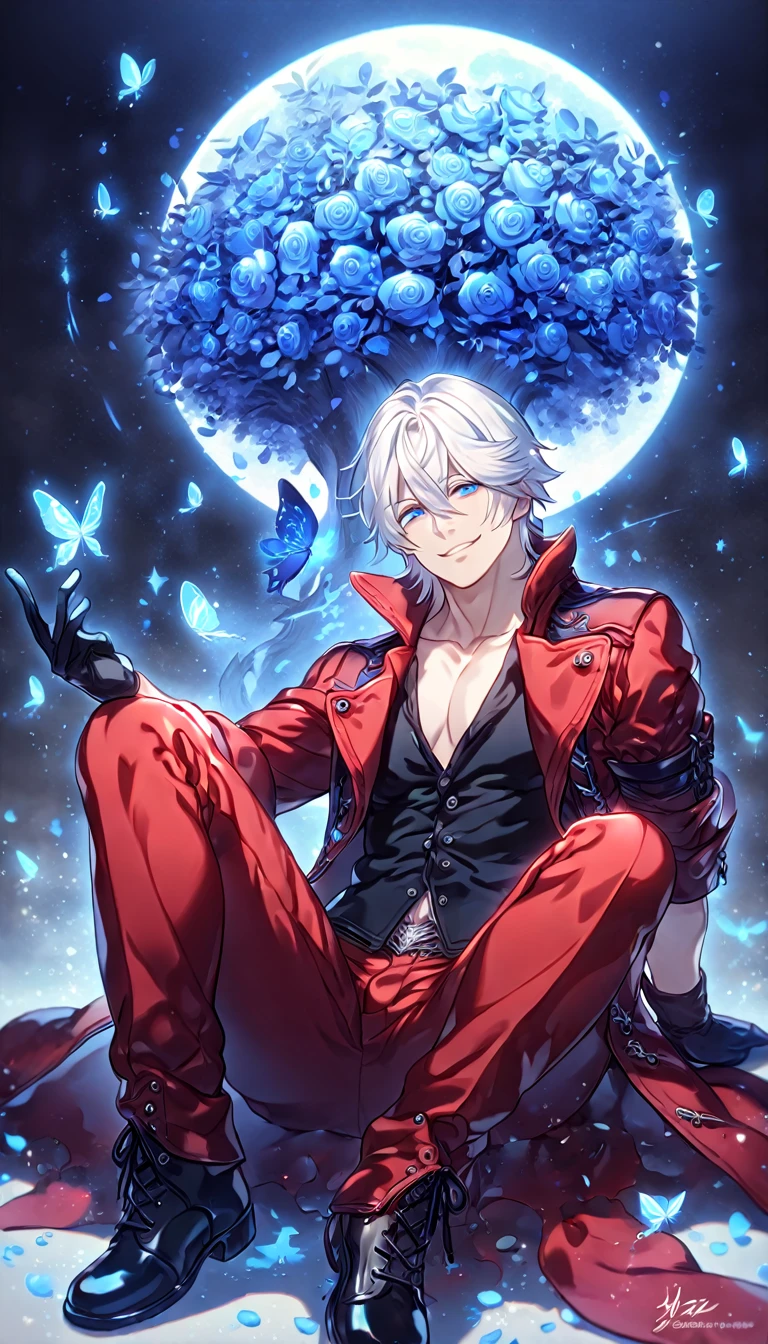 absurdres, highres, ultra detailed, HDR, master piece, best quality, Dante, white hair, expressive blue eyes, Devil May Cry, solo, sexy man, handsome, sensual, smile, manly man sitting, red coat, black vest, unbuttoned, black gloves, red pants, magical, fantasy, under a blue tree, blue flames, blue moon, blue fireflies, blue roses, blue butterflies, glass magic