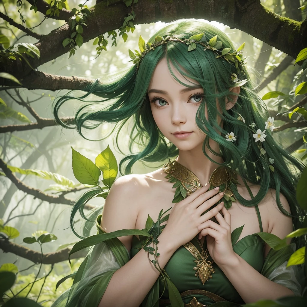 "A Leaf Fairy, a mystical creature connected deeply with nature and the wind. She has flowing green hair, delicate wings resembling leaves and flowers, and eyes that exude the vitality of nature. Though she appears to be in her early 20s, her true age is unknown, adding to her enigmatic aura. She is dressed in modest, plant-based clothing that emphasizes her close bond with the earth. Her expression is always gentle and calm, with a motherly smile that radiates warmth and serenity. New Leaf Fairies emerge from the ancient trees and fertile ground within lush forests, continuing the cycle of life in harmony with the natural world."