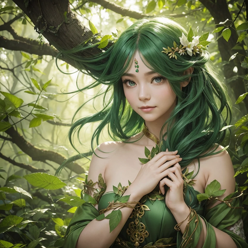 "A Leaf Fairy, a mystical creature connected deeply with nature and the wind. She has flowing green hair, delicate wings resembling leaves and flowers, and eyes that exude the vitality of nature. Though she appears to be in her early 20s, her true age is unknown, adding to her enigmatic aura. She is dressed in modest, plant-based clothing that emphasizes her close bond with the earth. Her expression is always gentle and calm, with a motherly smile that radiates warmth and serenity. New Leaf Fairies emerge from the ancient trees and fertile ground within lush forests, continuing the cycle of life in harmony with the natural world."