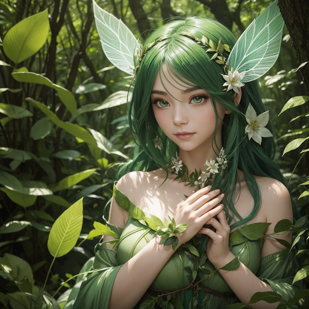 "A Leaf Fairy, a mystical creature connected deeply with nature and the wind. She has flowing green hair, delicate wings resembling leaves and flowers, and eyes that exude the vitality of nature. Though she appears to be in her early 20s, her true age is unknown, adding to her enigmatic aura. She is dressed in modest, plant-based clothing that emphasizes her close bond with the earth. Her expression is always gentle and calm, with a motherly smile that radiates warmth and serenity. New Leaf Fairies emerge from the ancient trees and fertile ground within lush forests, continuing the cycle of life in harmony with the natural world."