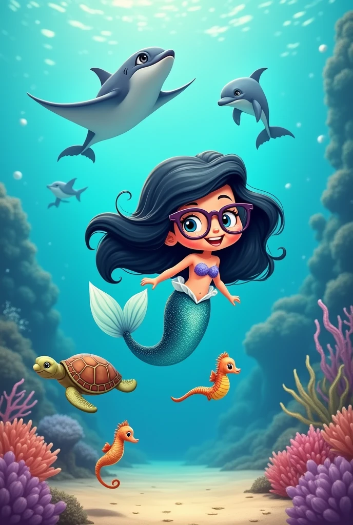 cartoon drawing of a little mermaid with black hair and a sea turtle with glasses, a small seahorse, a dolphin and behind it a manta ray