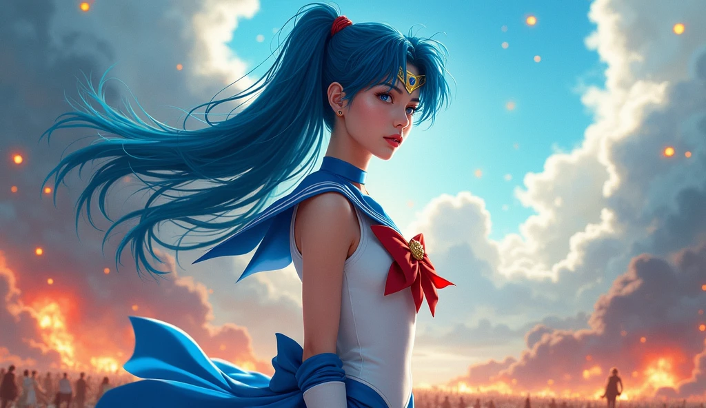 (masterpiece), (best quality), realistic, cinematic light, Mizuno Ami, Sailor Mercury, stand, battlefield background, perfect body, blue hair, uniform