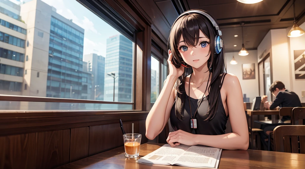 Girl with headphones enjoying music in a cafe　I am studying　Emphasize a little bit of the chest