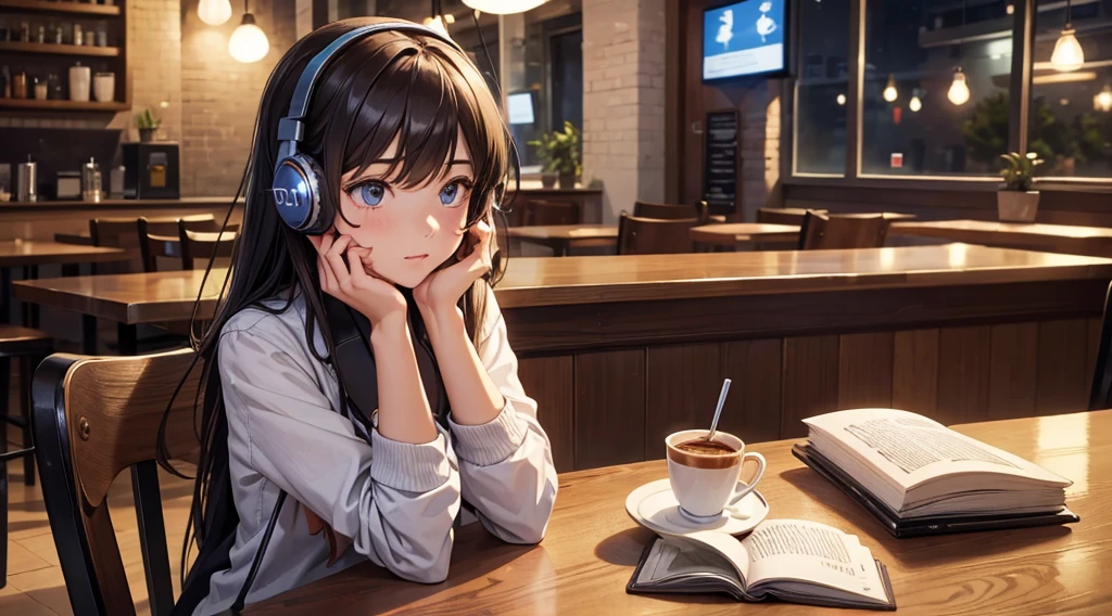 Girl with headphones enjoying music in a cafe　I am studying　Emphasize a little bit of the chest