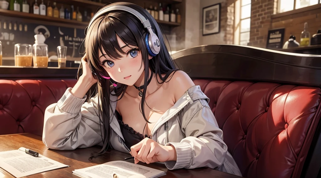 Girl with headphones enjoying music in a cafe I am studying Emphasize a little bit of the chest
