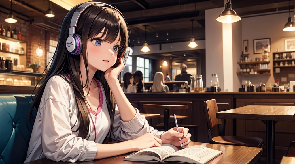 Girl with headphones enjoying music in a cafe I am studying Emphasize a little bit of the chest