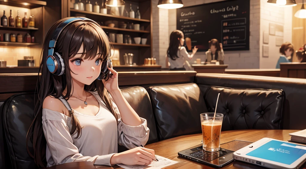 Girl with headphones enjoying music in a cafe　I am studying　Emphasize a little bit of the chest