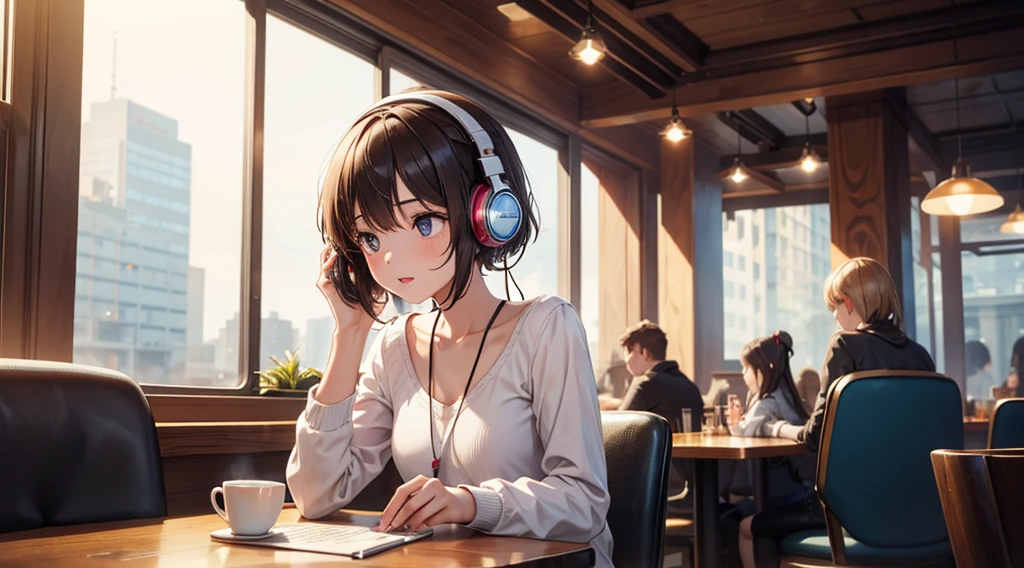 Girl with headphones enjoying music in a cafe I am studying Emphasize a little bit of the chest