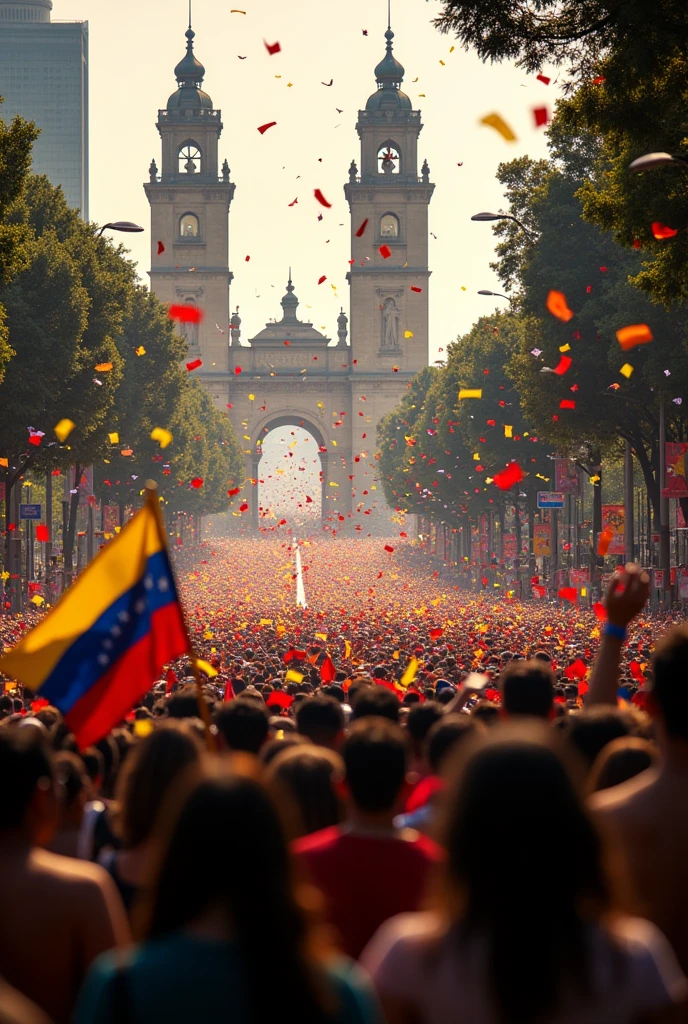 Millions of people in the streets of Caracas, with Venezuelan flags and large banners. joyful attitude, Action scenes, dynamic television shots, large amounts of confetti falling, cinematic lighting, Joyful and festive atmosphere, the two towers of Parque Central are observed, the text "Venezuela regained its freedom",