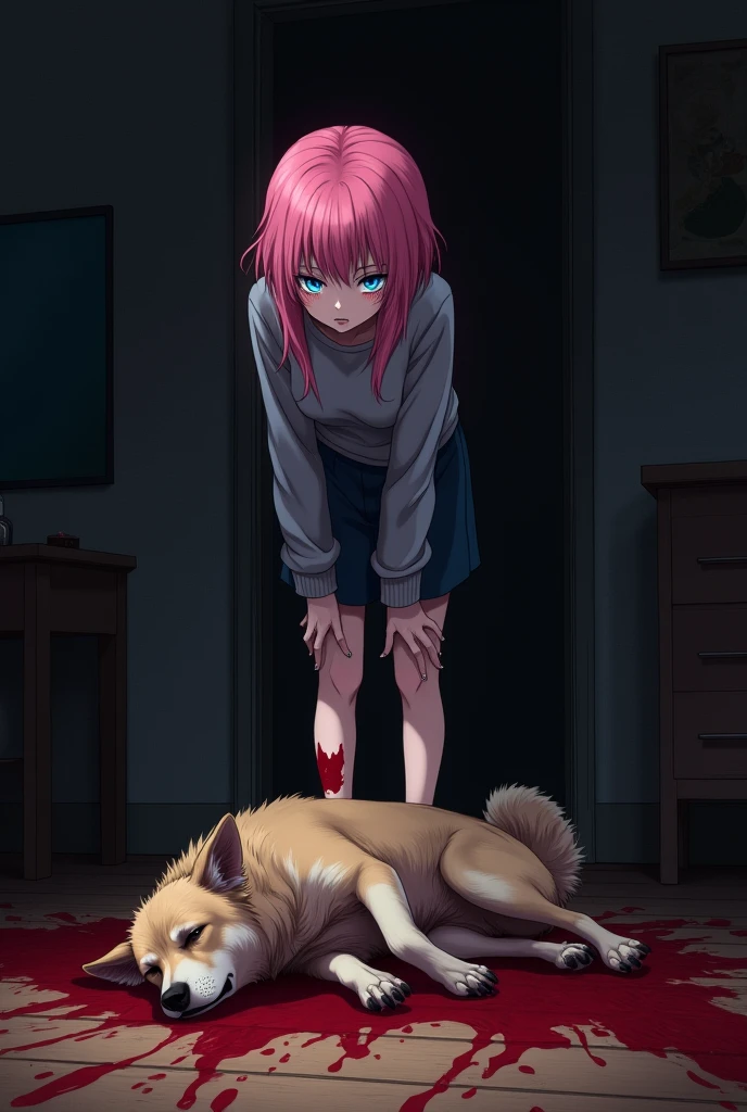 anime girl com 🐶 no chão ela pisando em cima da cabeça dele no quarto dela com sangue no chão ela cara de nojo e 🐶 morto com o cabelo dela rosa e olho azul E o 🐶 machucado ela tem 18 anos cabelo dela logo A mão dela com sangue E o rosto com sangue também