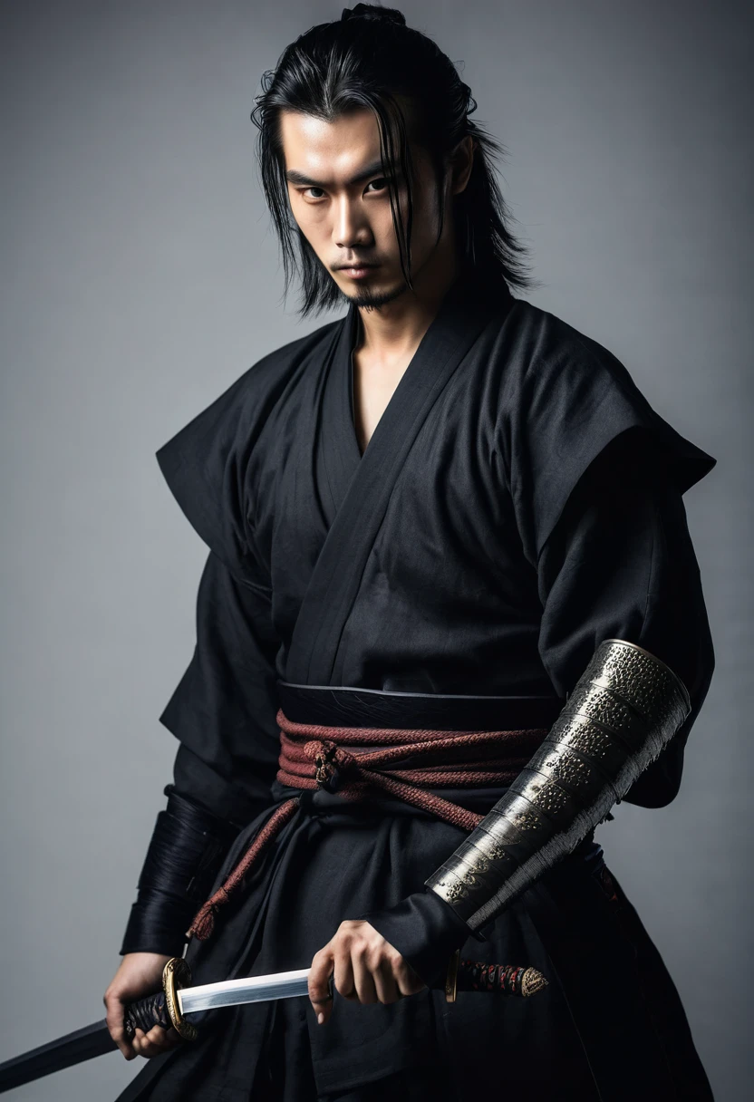 Samurai from the side,beautiful young man ,dark style with sword in one hand with a striking gaze