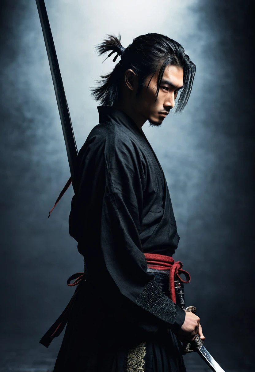 Samurai from the side,beautiful young man ,dark style with sword in one hand with a striking gaze