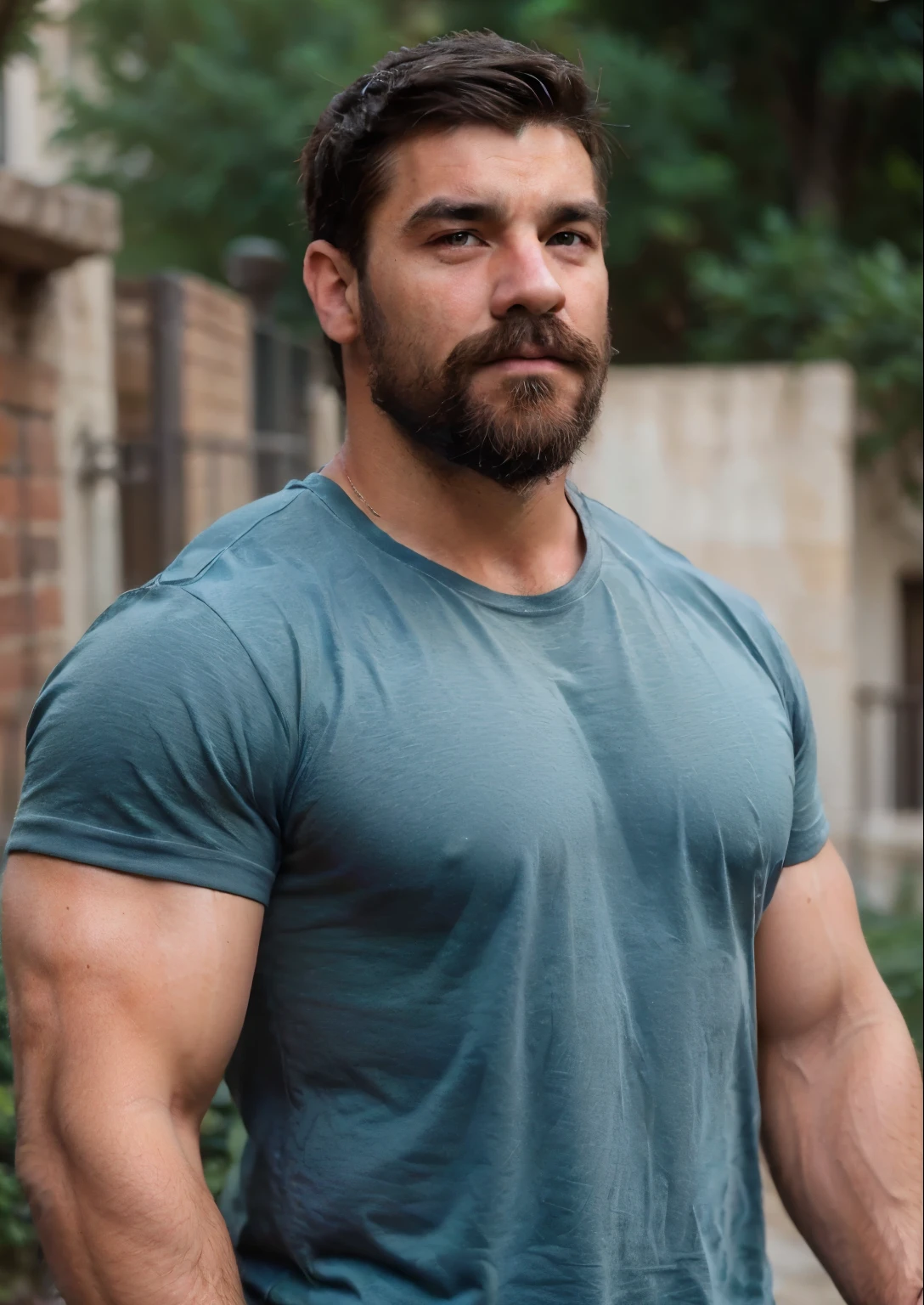 Masterpiece, Best Quality, Ultra-Detailed, 1man, solo, manly male, male, male focus, big, strong, A portrait inspired by Brian 'Chippy' Dugan, trending on reddit, renaissance, bearded and built, 1 muscular attractive man, black hair, short hair, black beard, short beard, mid-shot of a hunky, super buff and cool, rugged beard, he got a big french musctache, wearing a light green tee shirt, masculine and rugged