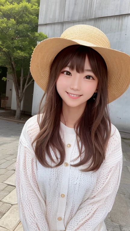 Highest quality、masterpiece、Ultra-high resolution、(Realistic:1.4)、Glowing Skin、Glowing Skin、RAW Photos、1people、1people々、一peopleで、18-year-old、Whole Body Ezbian、double eyelid、Loose and fluffy perm、Medium Long Hair、White skin、smile、優しいsmile、Straw hat、Spring Clothes、city、outdoor activities、outside of home