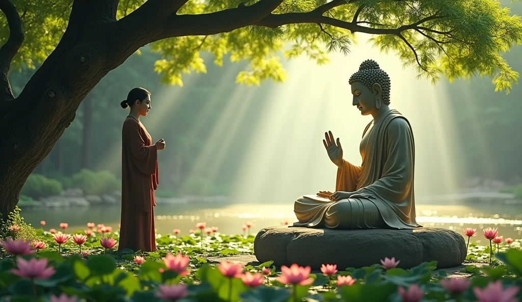 Buddha’s Tranquil Presence: Describe an encounter between Buddha and a troubled individual. Highlight Buddha’s calm and peaceful demeanor, which contrasts sharply with the anger and confusion of the person confronting him.
