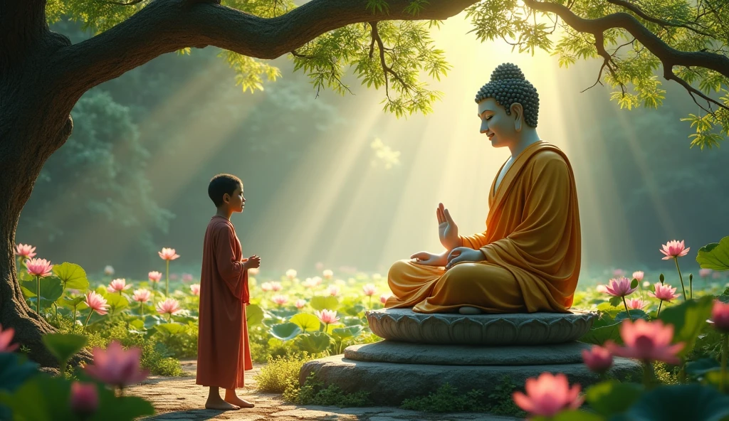Buddha’s Tranquil Presence: Describe an encounter between Buddha and a troubled individual. Highlight Buddha’s calm and peaceful demeanor, which contrasts sharply with the anger and confusion of the person confronting him.