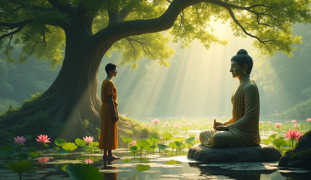 Buddha’s Tranquil Presence: Describe an encounter between Buddha and a troubled individual. Highlight Buddha’s calm and peaceful demeanor, which contrasts sharply with the anger and confusion of the person confronting him.
