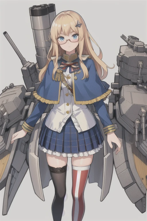 Hood \(warship girls r\),((masterpiece)),(((best quality))),((ultra-detailed)),((illustration)),((disheveled hair)),((frills)),(1 girl),(solo),1girl,blonde hair,blue capelet,blue eyes,blue jacket,blush,buttons,cannon,capelet,closed mouth,flag,glasses,hair ornament,jacket,long hair,long sleeves,looking at viewer,machinery,mecha musume,military uniform,miniskirt,pleated skirt,red-framed eyewear,ribbon,rigging,semi-rimless eyewear,shirt,skirt,smokestack,solo,standing,striped,sword,thighhighs,turret,under-rim eyewear,underwear,uniform,union jack,white legwear,After the transformation,
Moderate legs,