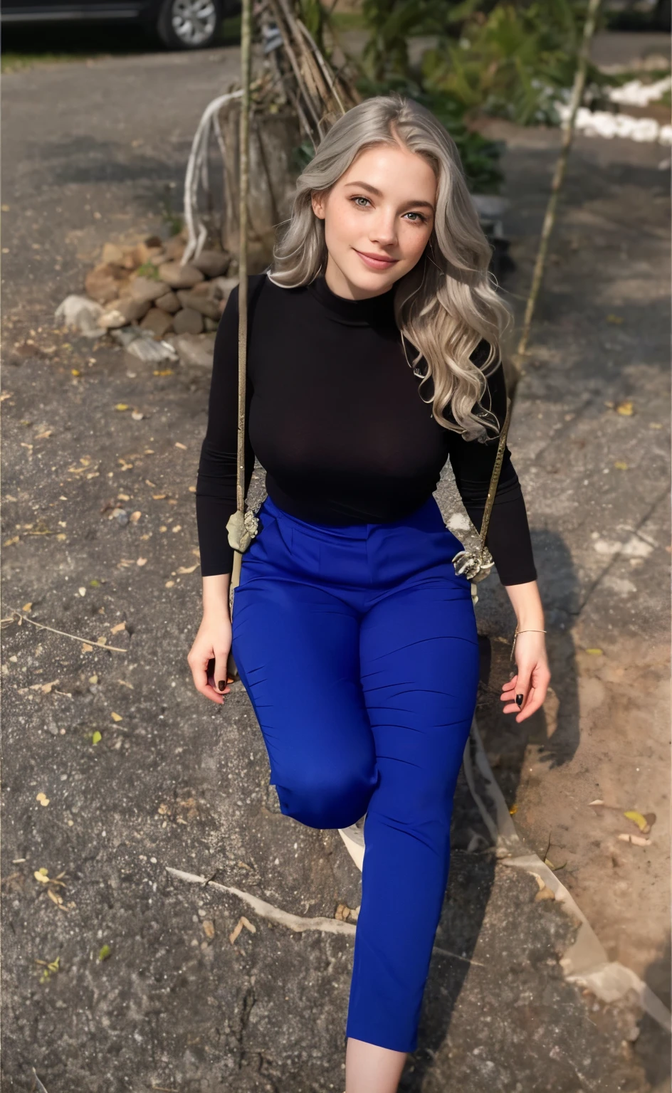 Face of a woman, americana, age 25, pale skin and freckles, grey-eyed, delicate nose, soft and delicate lips, Long Wavy Gray Blonde Hair, Sweet smile, cabelo solto e cheio