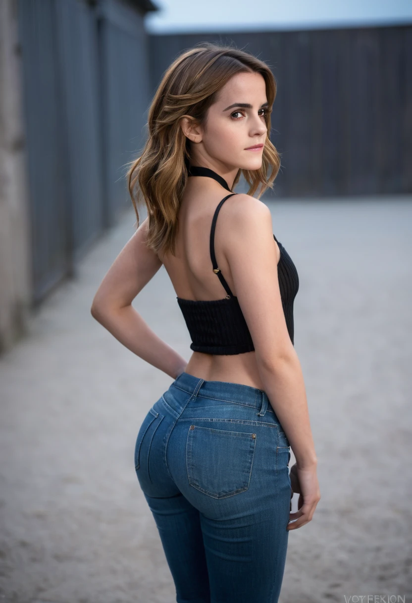 Emma Watson, perfect lighting, (regarder la caméra:1.35), realistic skin, realistic, (photorealistic:1.4), mannequin, Soft light, Canon 5D Mark IV, Sigma 85mm F/1.4, flirt with the camera, eye liner, nuit, En plein air, sur une jetée, wearing long, tight jeans with a bustier top and high heels, beautiful hair, Tresses, Rear view, slender waist, round ass, head of'artwork, accurate, anatomically correct, textured skin, Great detail, high details, high quality, prime, best quality, high resolution, 8k.