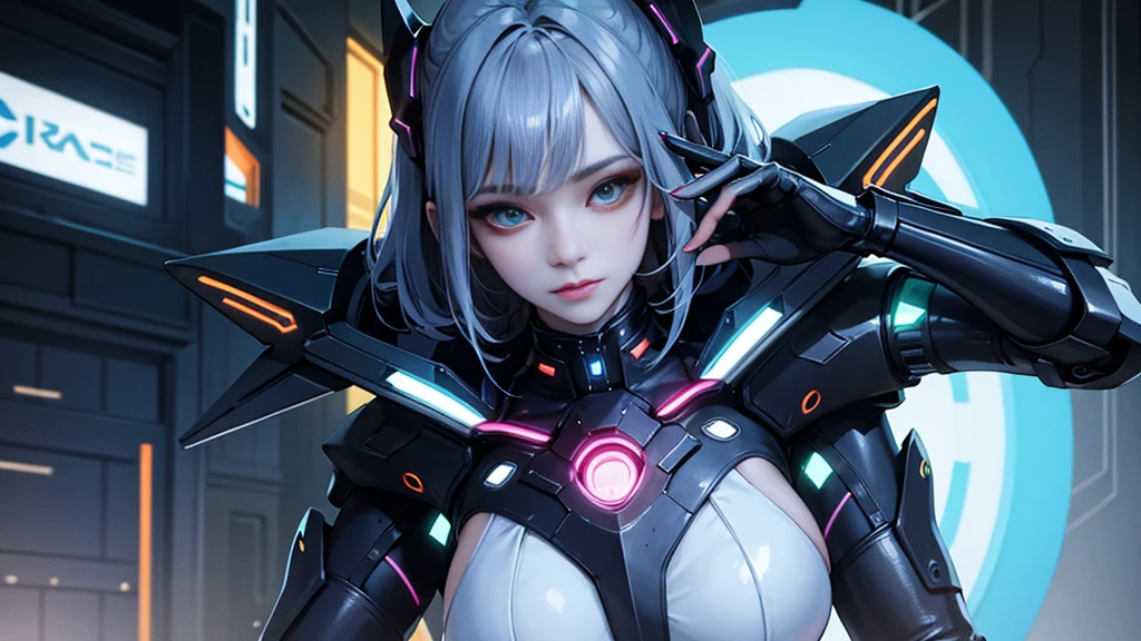 (Best quality,highres:1.2), ultra-detailed, (realistic:1.3), cyberpunk, futuristic, portrait, shiny revealing latex outfit, cyber implants, virtual reality, glowing makeup, metallic body parts, body modification, techno atmosphere, cityscape background, hovering robotic arms, advanced technology, electric blue color palette, surreal lighting.