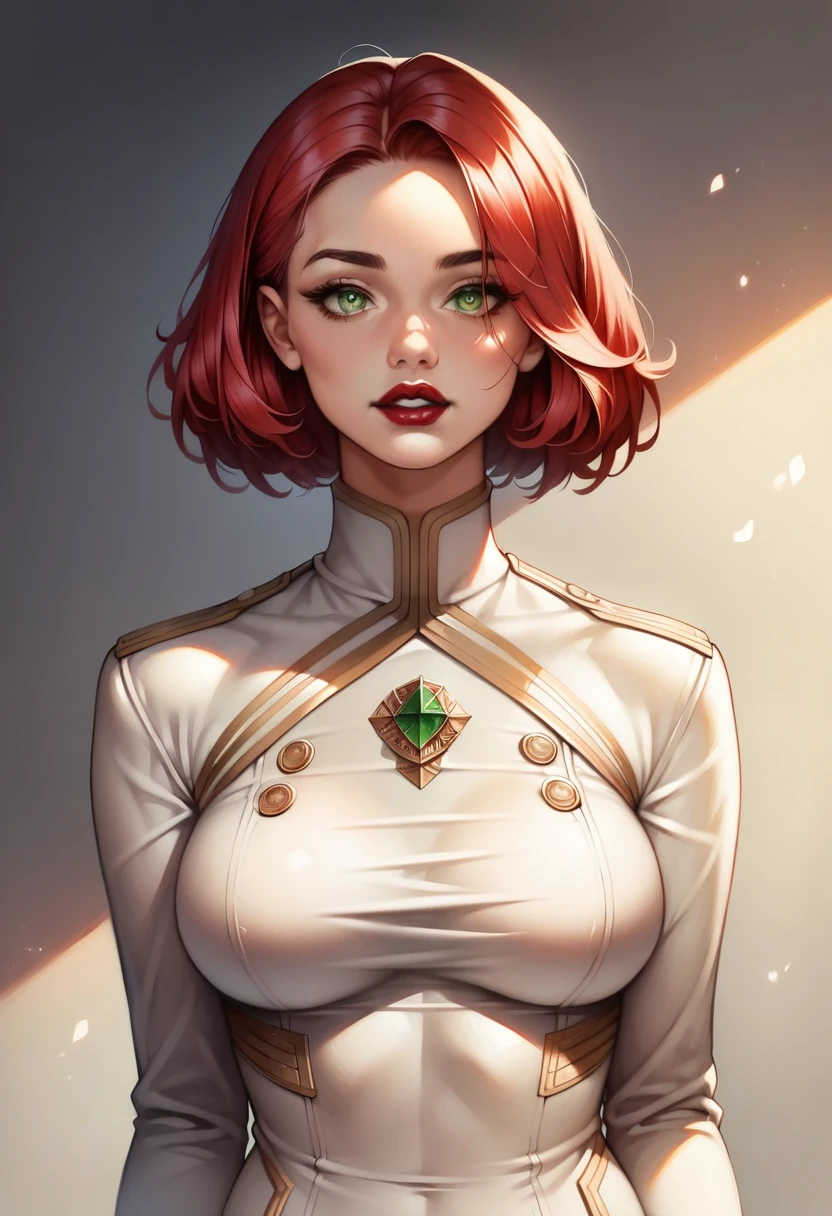 (high-level image quality), (high quality), (high resolution), (detailed), (masterpiece), beautiful woman, ((caucasian)), green eyes, red hair, short hair, dark red lipstick, thicc tights, slender body, perfect eyes, Detailed face, navy clothes,