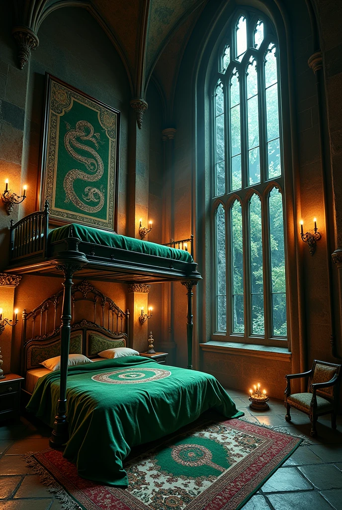 A very large and huge female dormitory with 2 beds well separated on two floors and Slytherin style 