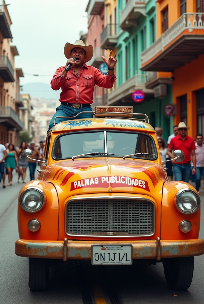 PROPAGANDA SOUND CAR WITH NAME "PALMAS PUBLICIDADES" WITH ANNOUNCER HOLDING MICROPHONE AND WEARING COWBOY HAT , 
