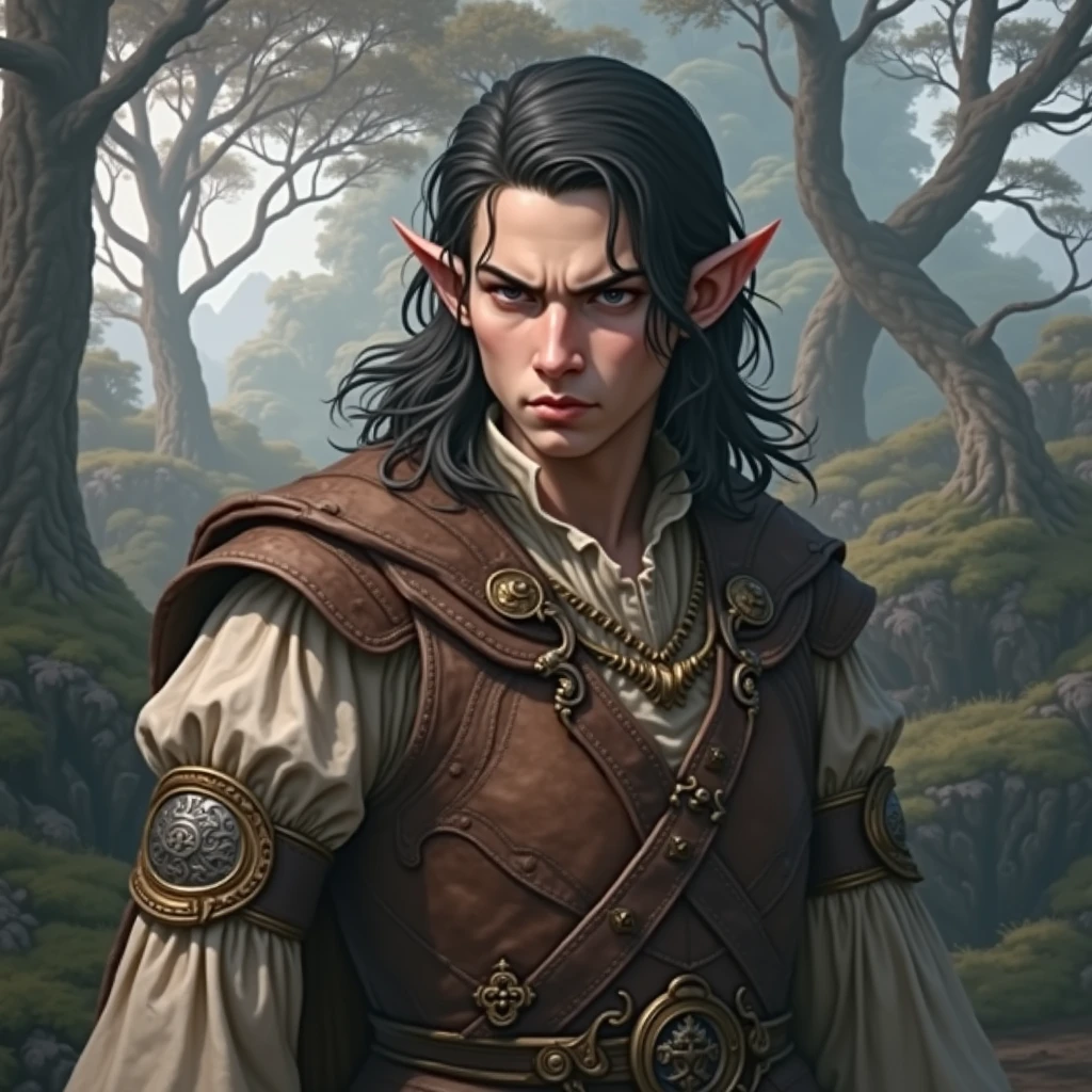 Young elf man, very short black hair, wearing leather breastplate and medieval clothes, angry, best high fantasy quality.